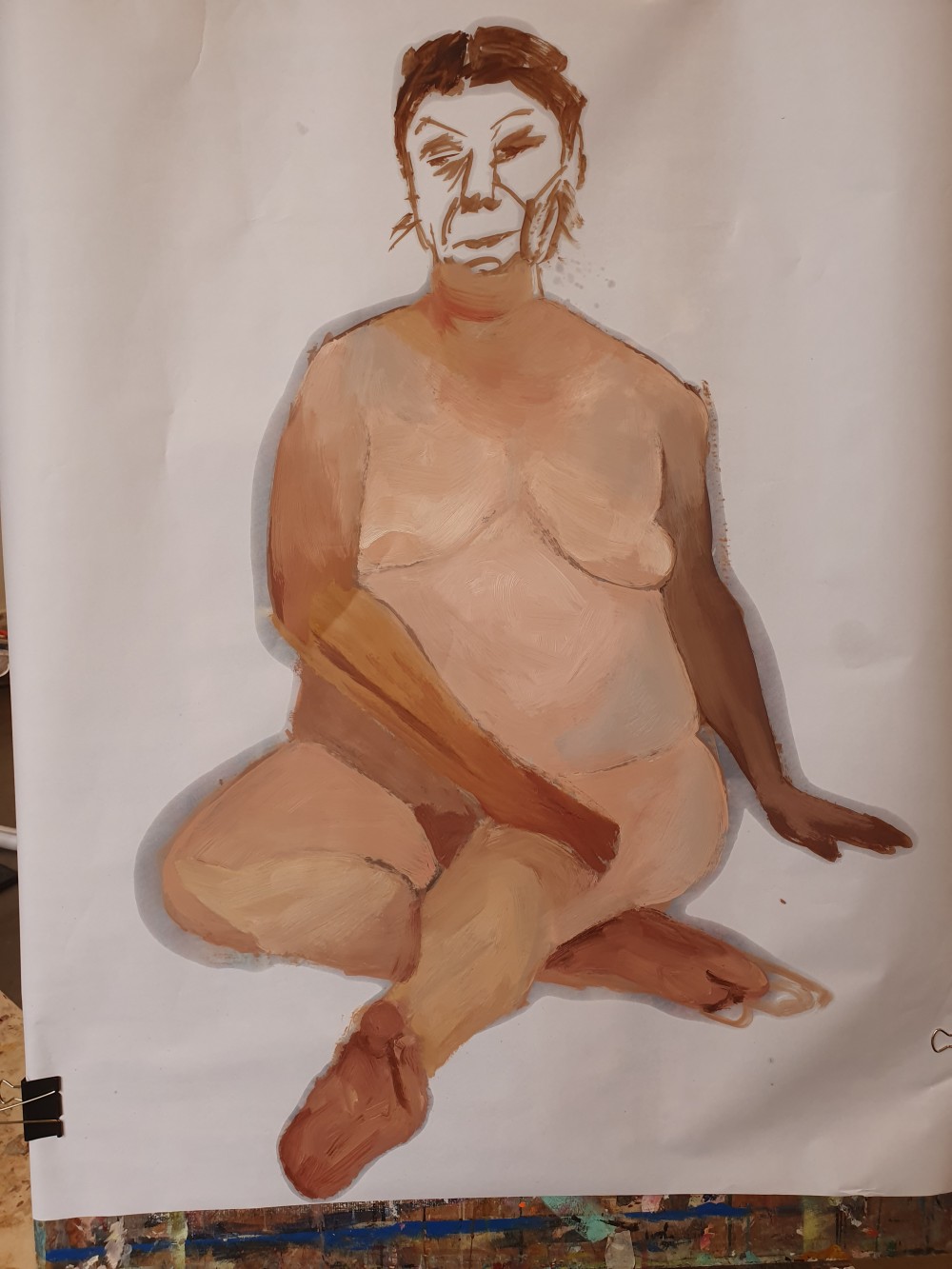 Painting of a woman sitting down. Her face isn't painted yet, and my line
drawing is comically bad.