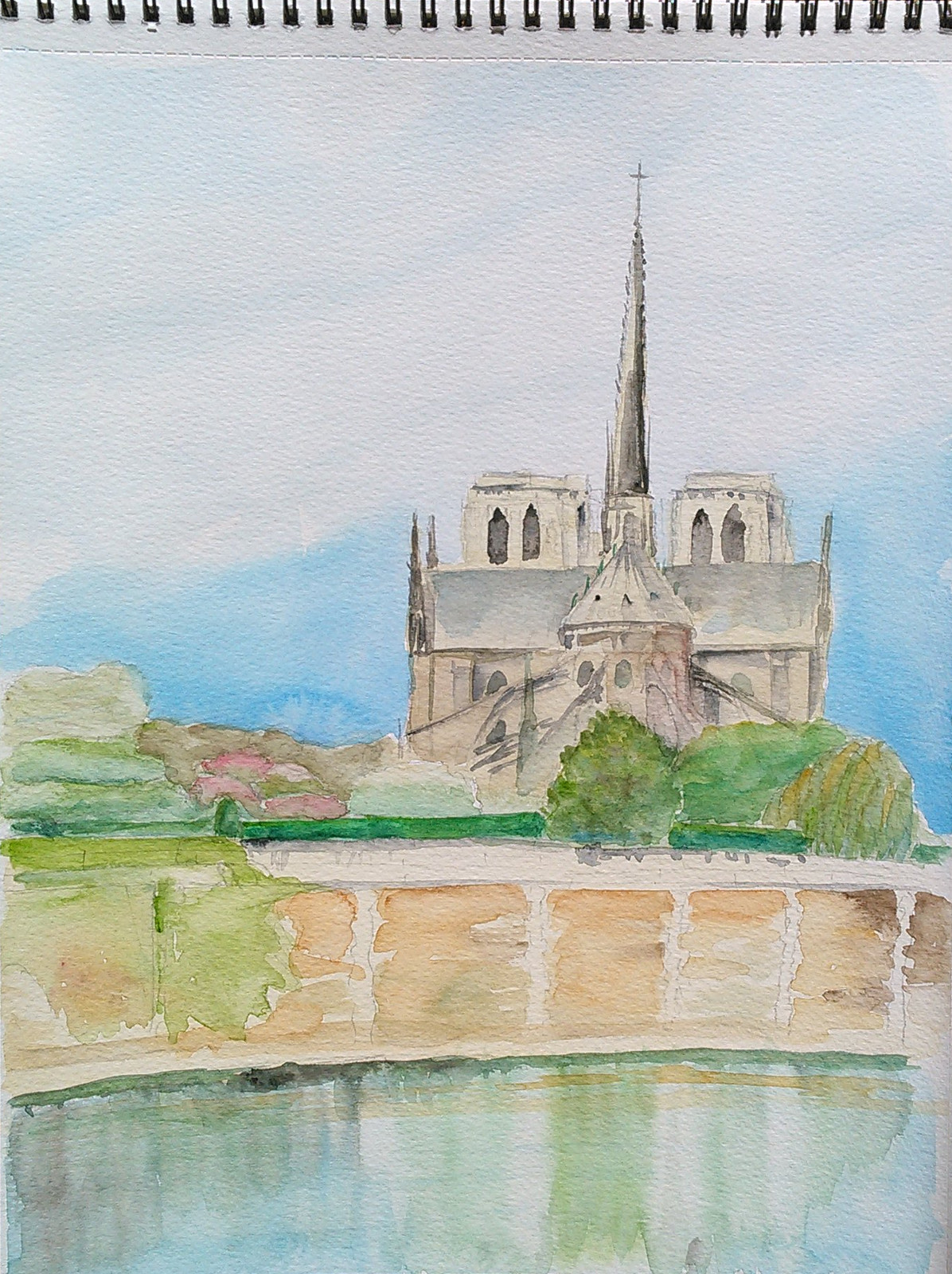 Watercolor of Notre Dame from the Saint-Louis island
