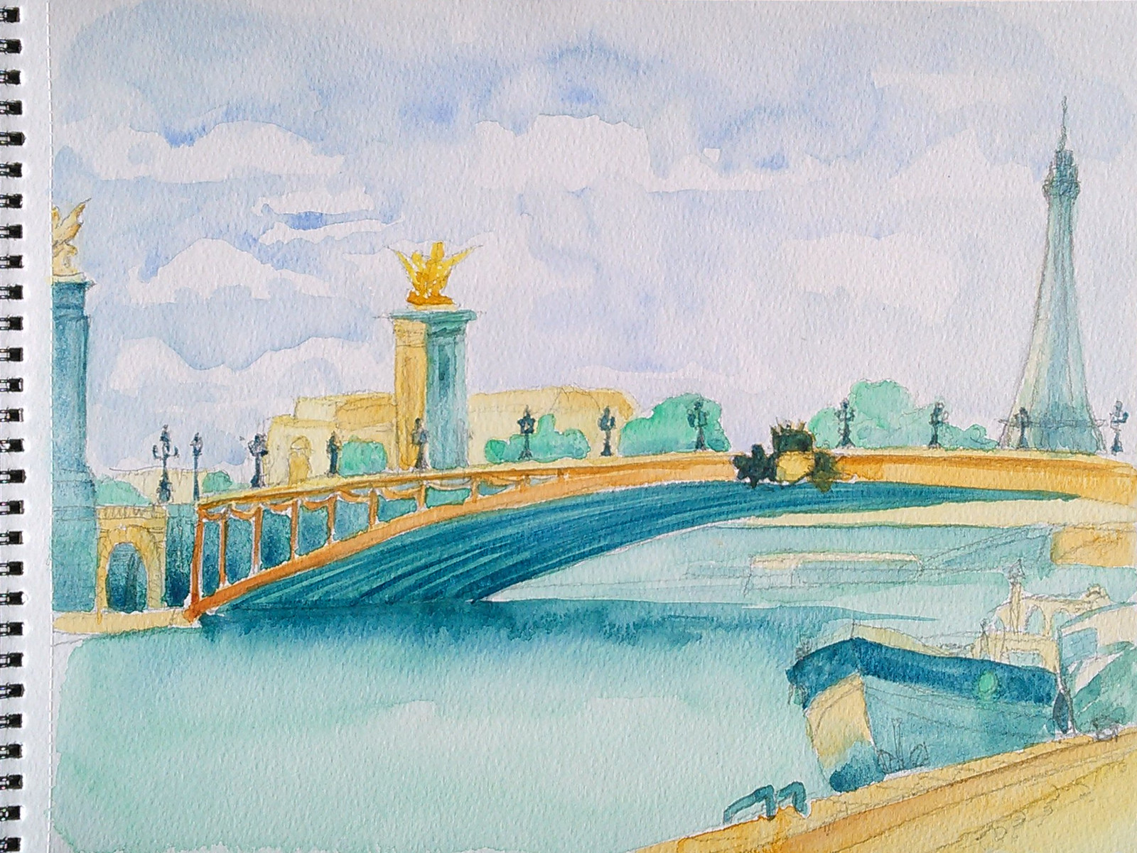 Watercolor of the Alexandre III bridge from the banks of the Seine