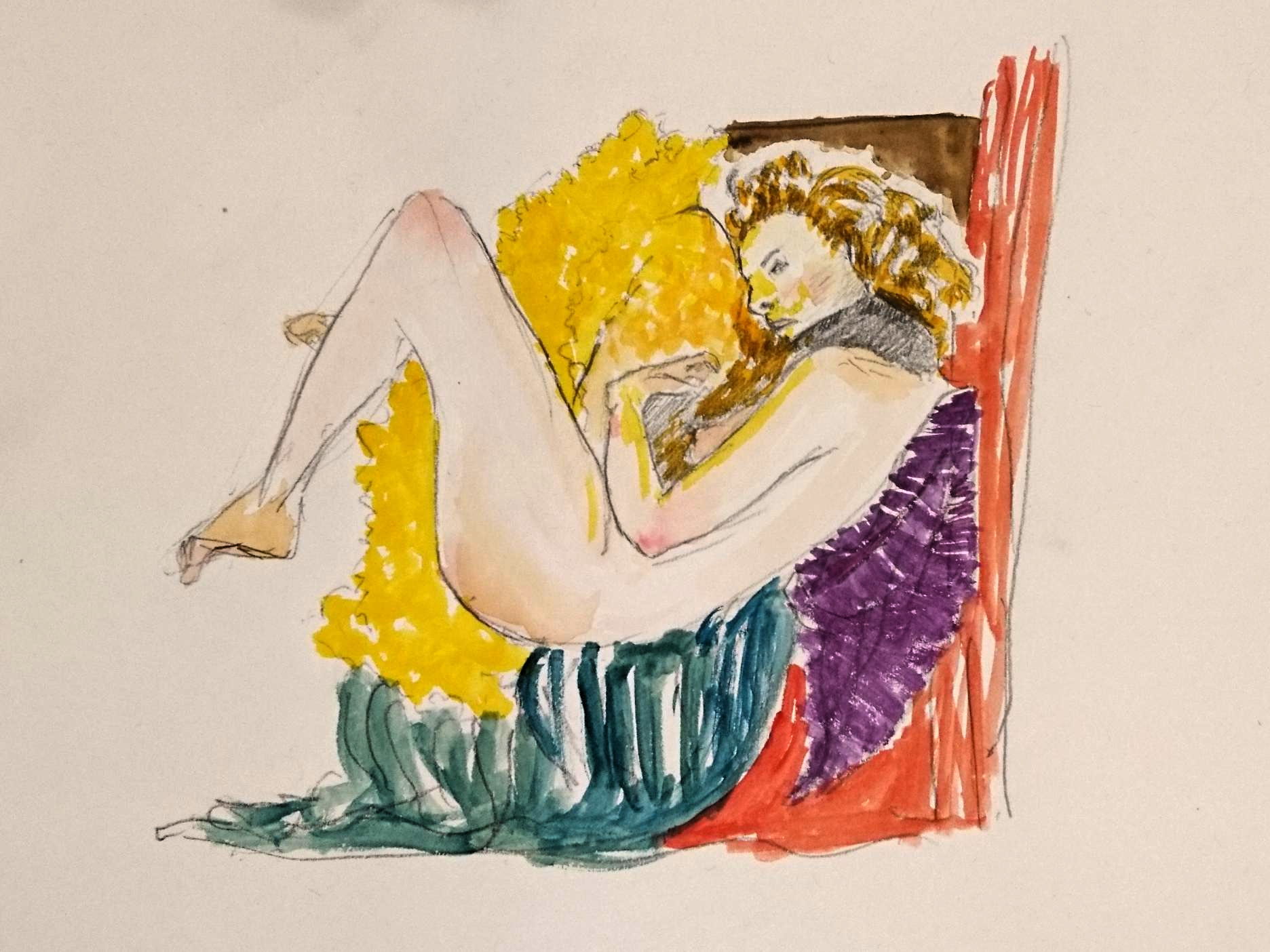 pencil drawing and watercolour painting of a red-haired woman reclining on colourful fabric, in the company of a manifestation of Zeus as a golden cloud