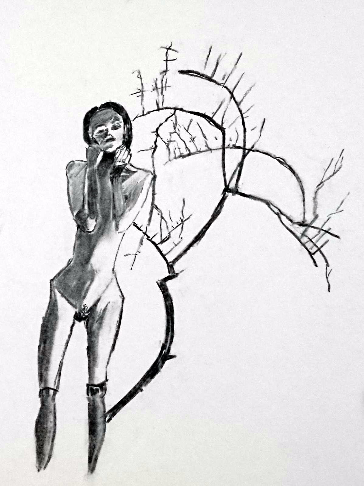charcoal drawing of a dark-haired nude woman standing in front of a small tree