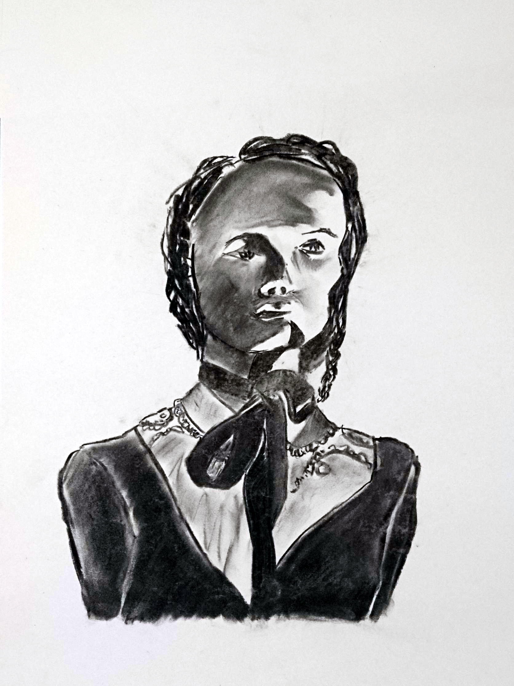 charcoal drawing of the face and bust of the same woman