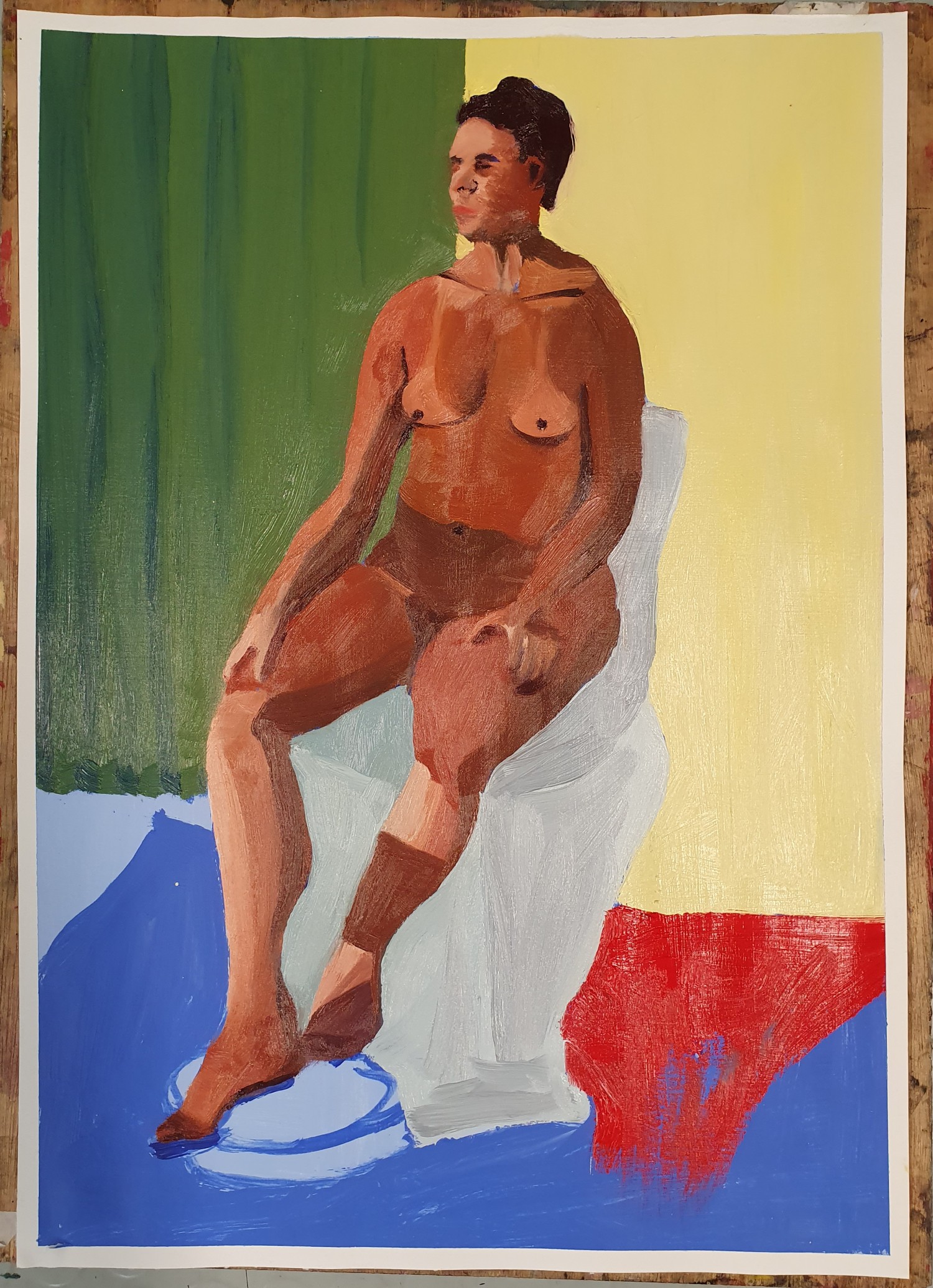 Final painting of a black woman sitting in a chair, with sideways lighting,
against a colourful background including a green curtain, a pale yellow wall,
and a bright red carpet.