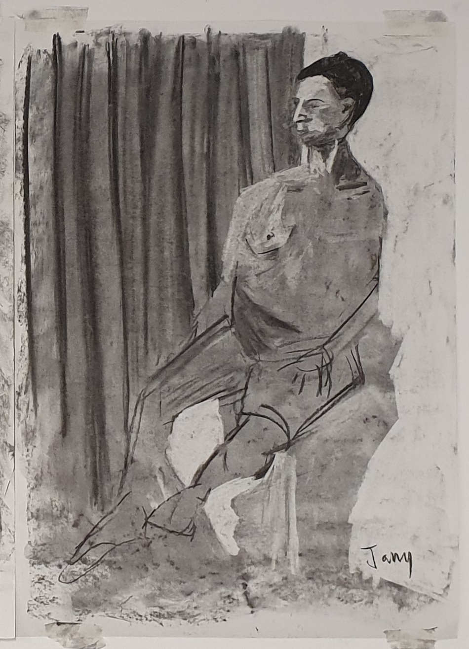 Tonal charcoal drawing of the model sitting