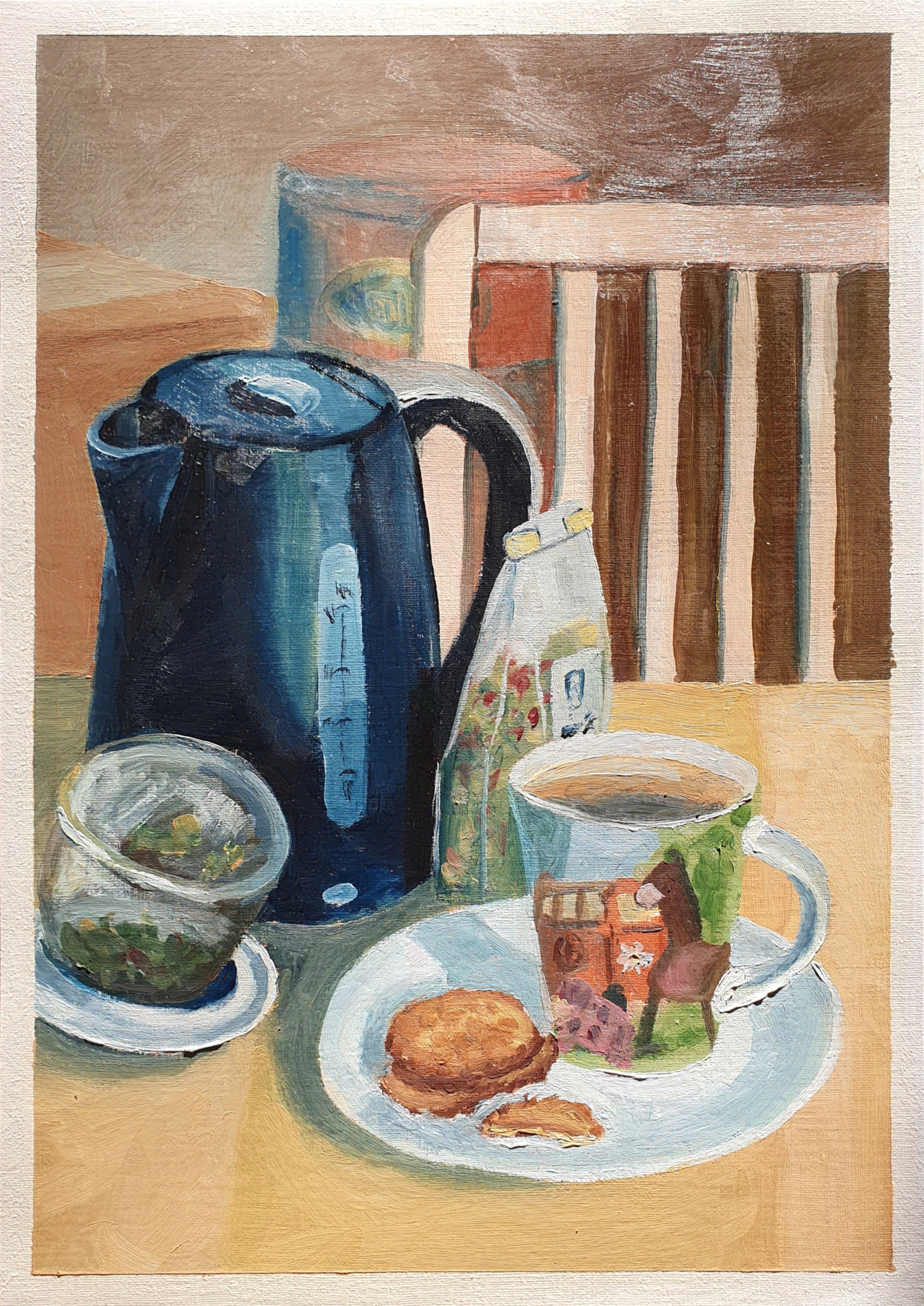 Oil painting on paper, showing on a table: a black plastic kettle, a sachet of herbal tea, a mug and biscuits on a plate, and the metal thingy to steep the leaves in the mug, taken out and resting on the side.