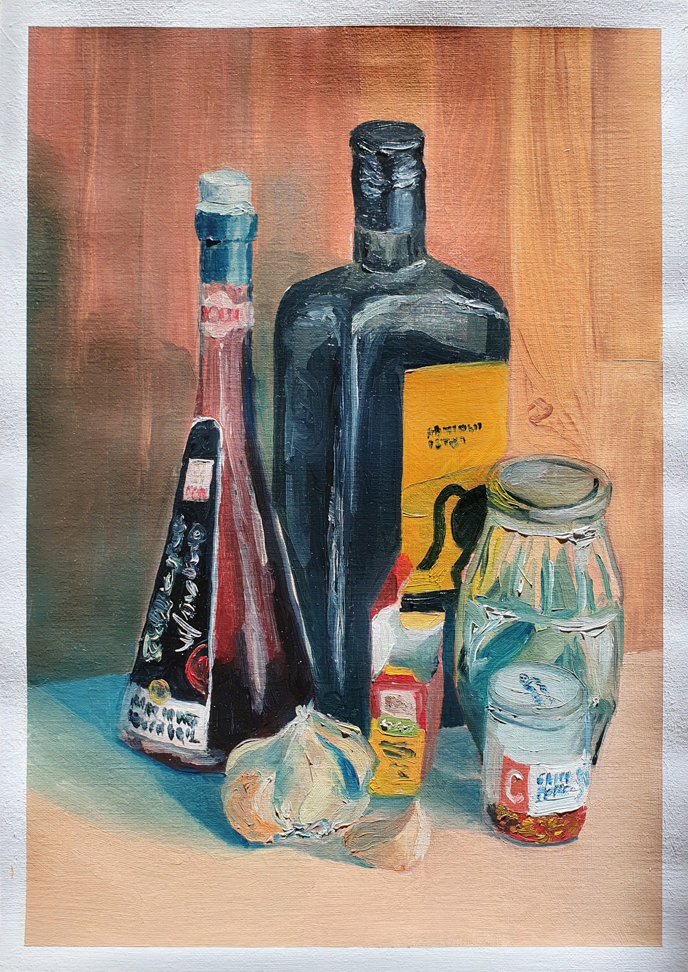 Oil painting on A3 paper of kitchen things: a bottle of balsamic vinegar, one of olive oil, a head of garlic, a box of instant broth, pots of laurel and chili flakes