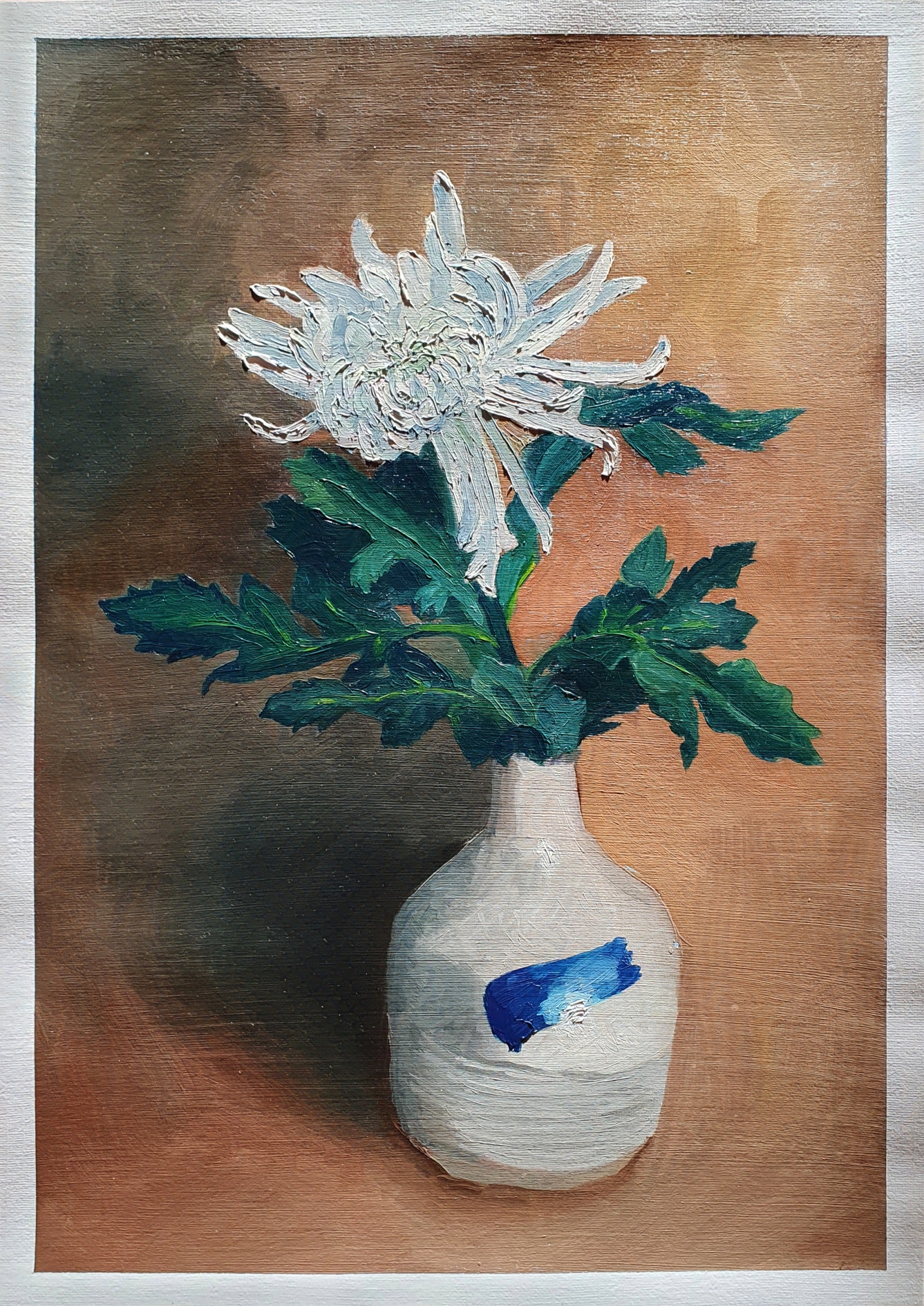 Oil painting of a single white chrysanthemum flower, with dark green leaves. It's in a vase made of white clay, covered in transparent glaze, decorated brush stroke of blue cobalt oxide and ridges around the bottom.