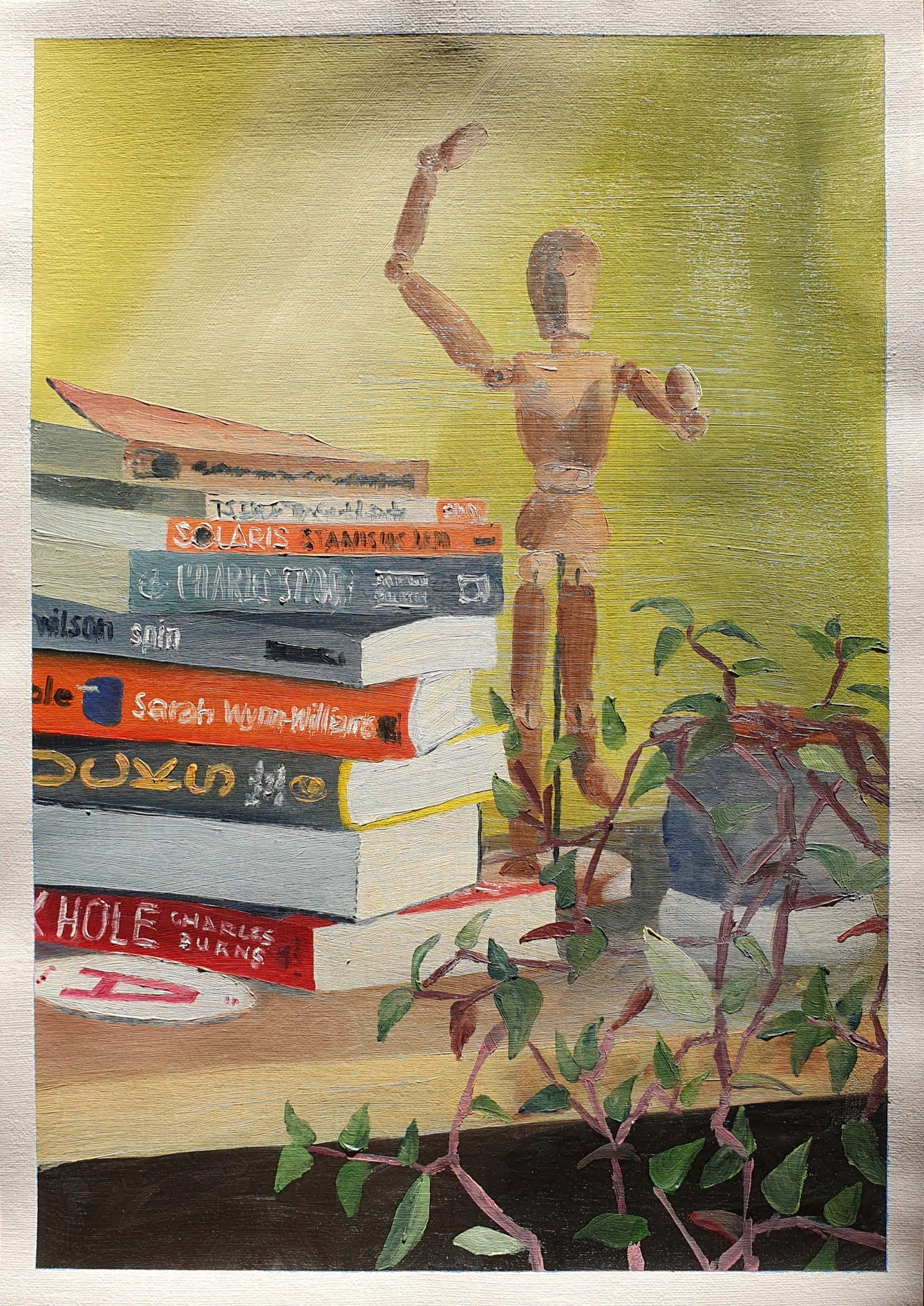 Oil painting on A3 paper showing a stack of books next to a wooden drawing figurine. The figurine has an arm raised and the other pointing forward, the pose is a bit random. Next to it there's also a potted plant that has lots of thin, hanging purple stems and small green leaves.