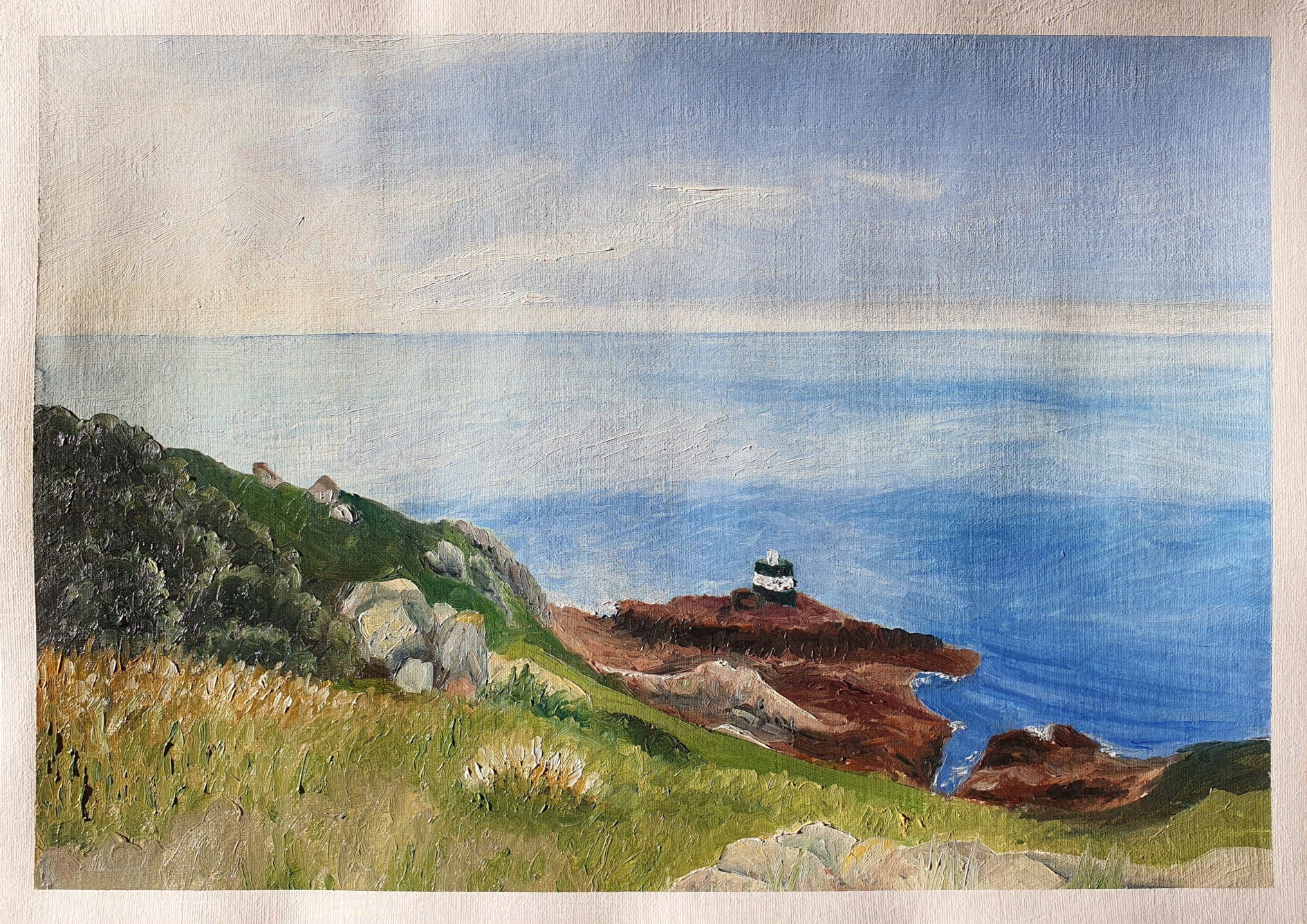 Painting of the tower, a black and white cylinder, in a landscape of sky, sea, shoreline and hiking paths. The sky is bright with very light white clouds, the sea is sunlit.