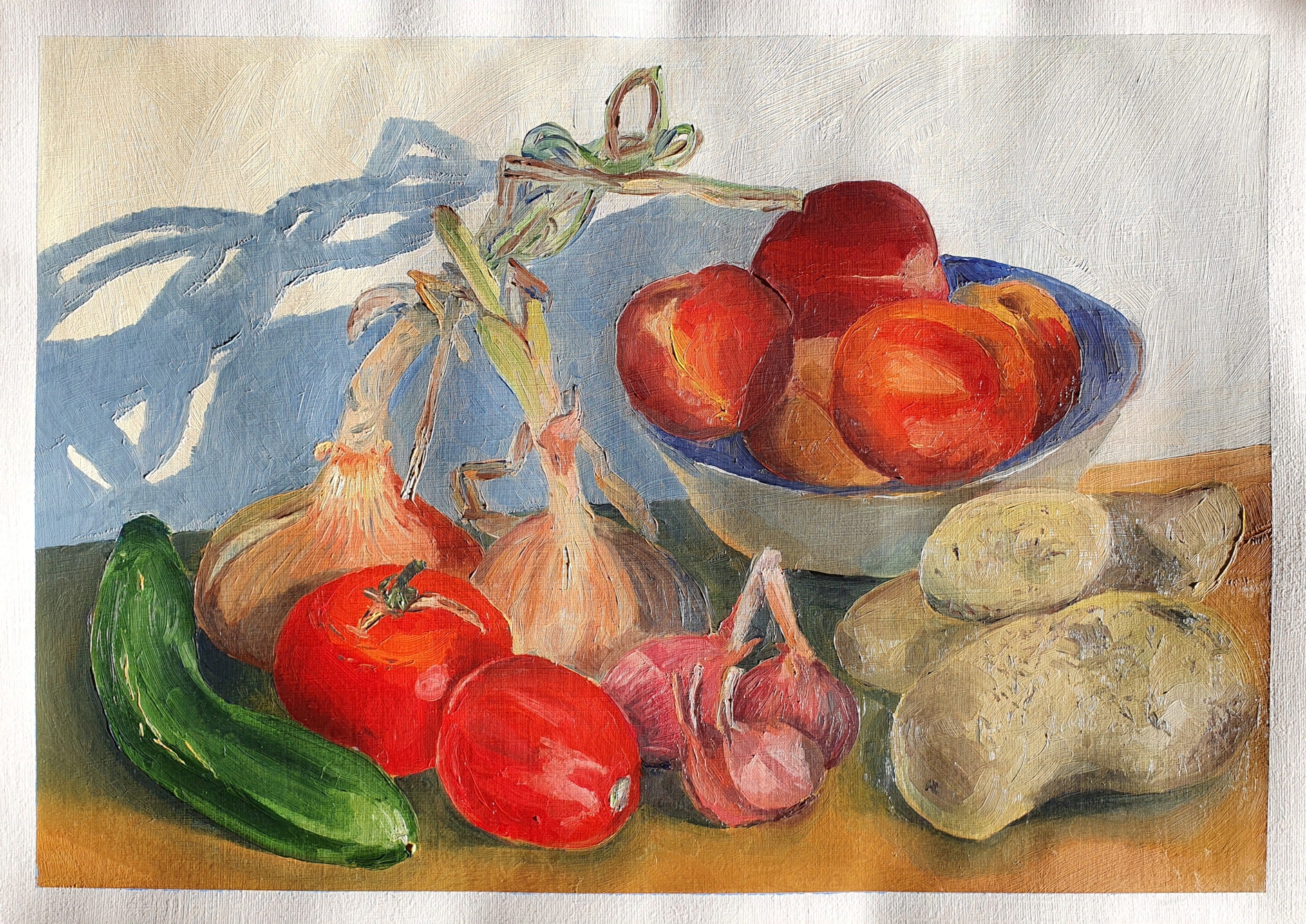 Still life painting of various fruit and vegetable sitting on a light brown table, in front of a white wall. There's a cucumber, two oignons, two tomatoes, shallots, a bowl of peaches, three potatoes. A strong light coming from the right casts strange shadows from the ognion's dried up leaves.
