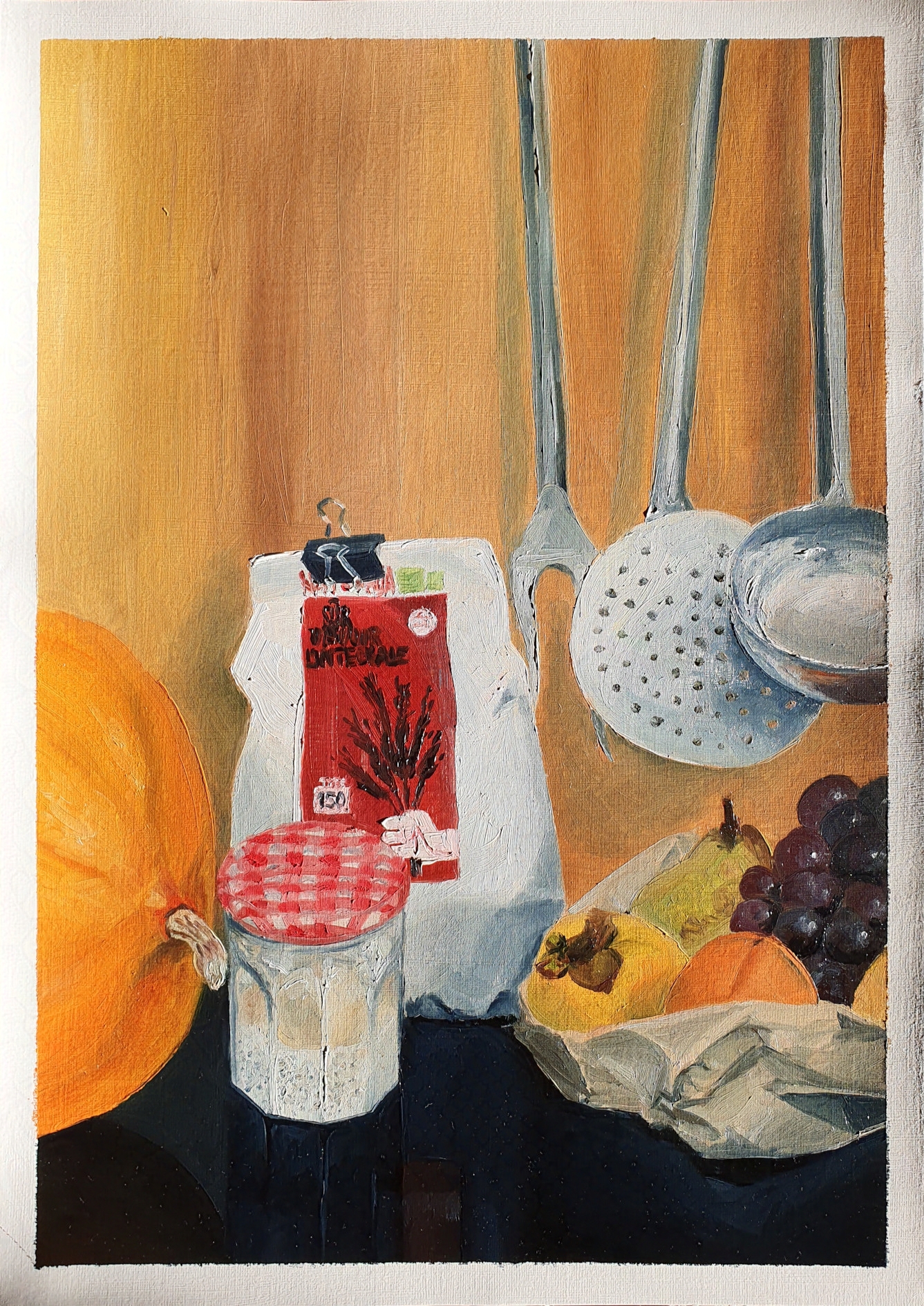 Oil painting as described, on A3 paper, portrait. The background is wood and the items sit on a reflective black surface. The sourdough starter is bubbly and the fruit are arranged in a brown paper bag.